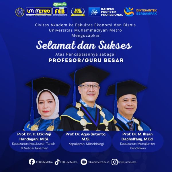 Universitas Muhammadiyah Metro Kukuhkan 3 Profesor Baru, Total 7 Guru Besar Perkuat Daya Saing Siap Dorong Kampus Unggul dan Berkemajuan 
