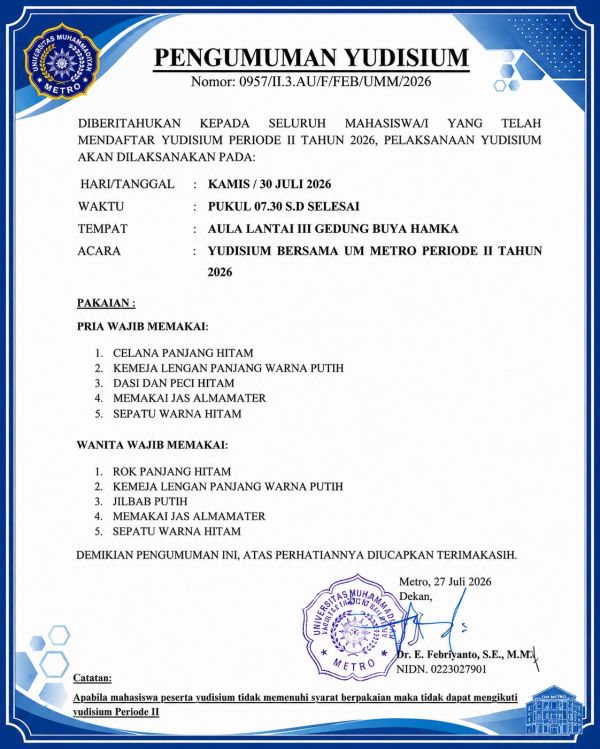Pengumuman Pelaksanaan Yudisium II FEB UM Metro Tahun 2026